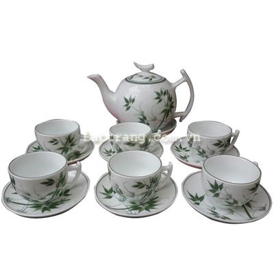 Bộ ấm trà Bát Tràng dáng bưởi vẽ trúc xanh