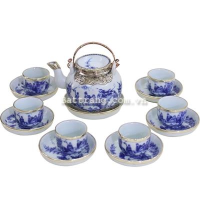 Bộ ấm chén lõm tách bọc đồng - vẽ trúc lâm thất hiền