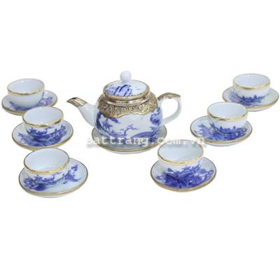 Bộ ấm chén quả hồng bọc đồng - vẽ sơn thủy