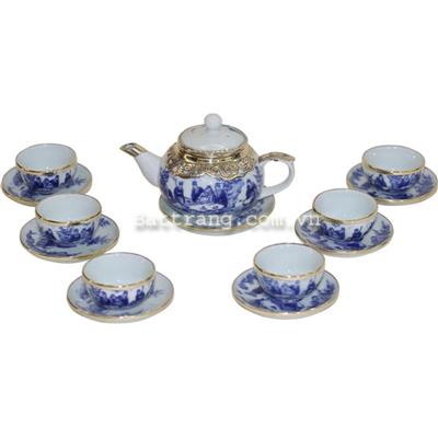 Bộ ấm chén quả hồng bọc đồng - vẽ trúc lâm thất hiền