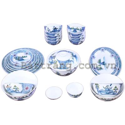 Bộ đồ ăn men trắng vẽ Tháp Rùa và chùa Một Cột Hà Nội- 25 món