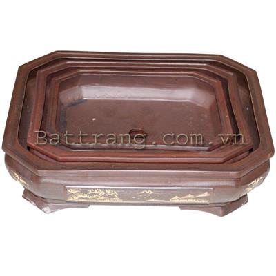 Chậu cây cảnh bộ ba chữ nhật chém góc gốm nâu