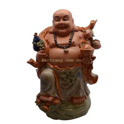 Tượng Phật Di Lặc men rạn cổ ngồi trên túi tiền gốm sứ Bát Tràng