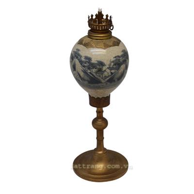 Đèn dầu thờ men rạn cổ bọc đồng số 1 gốm sứ Bát Tràng cao 36cm