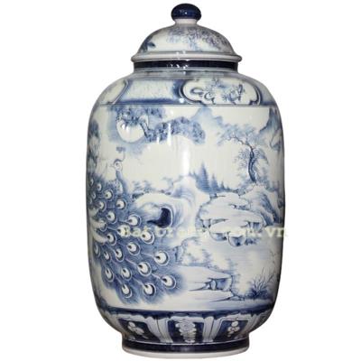 Hũ cổ chim công men chàm 60 lít