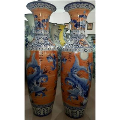 Đôi lọ lộc bình lý ngư vọng nguyệt vẽ kỹ nền cam cao 1m75cm