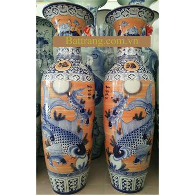 Đôi lọ lục bình cửu ngư vẽ kỹ nền cam cao 1m55
